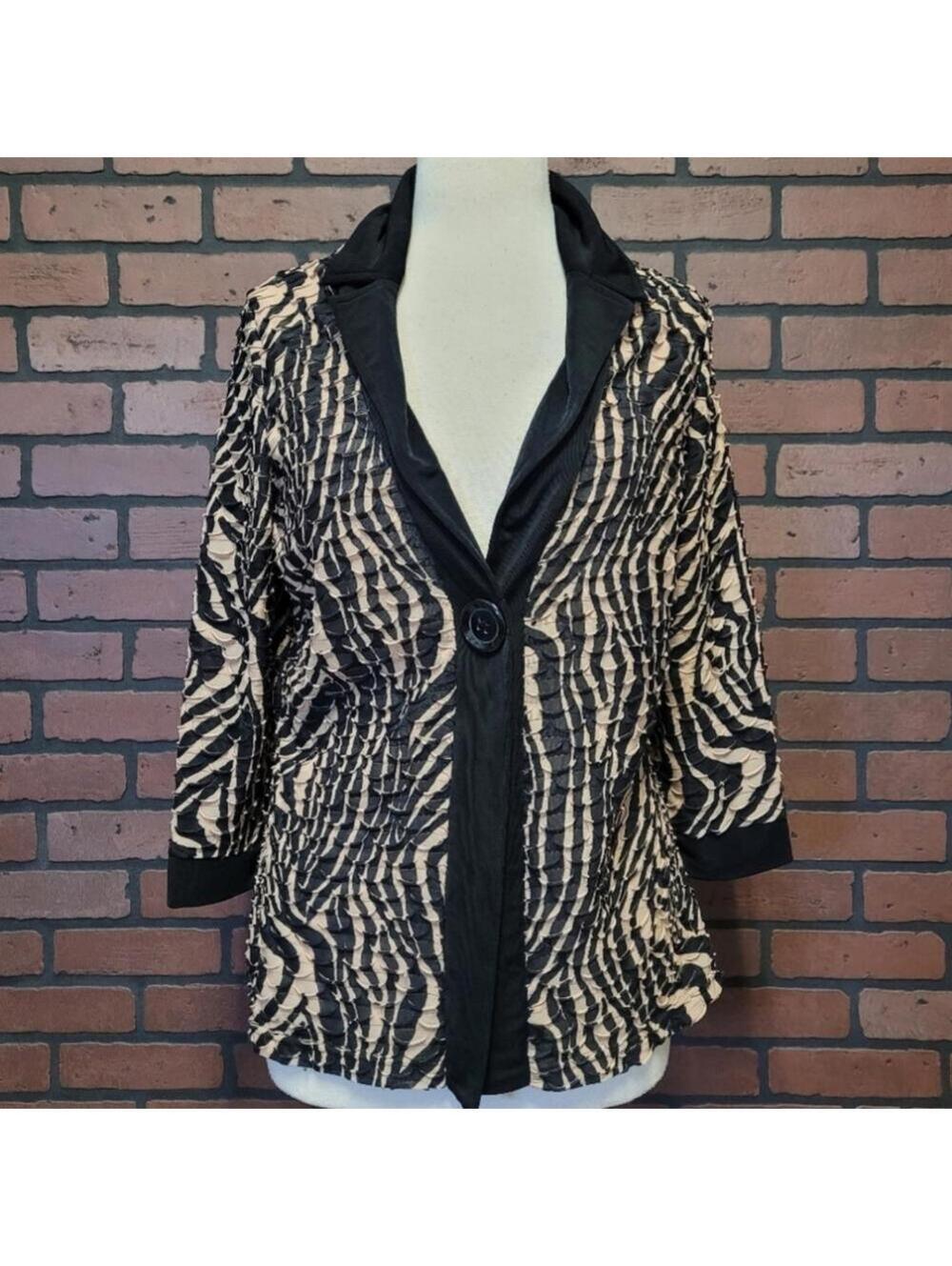 Slinky Brand Textured Zebra Striped Animal Print Single Button Blazer Size Large